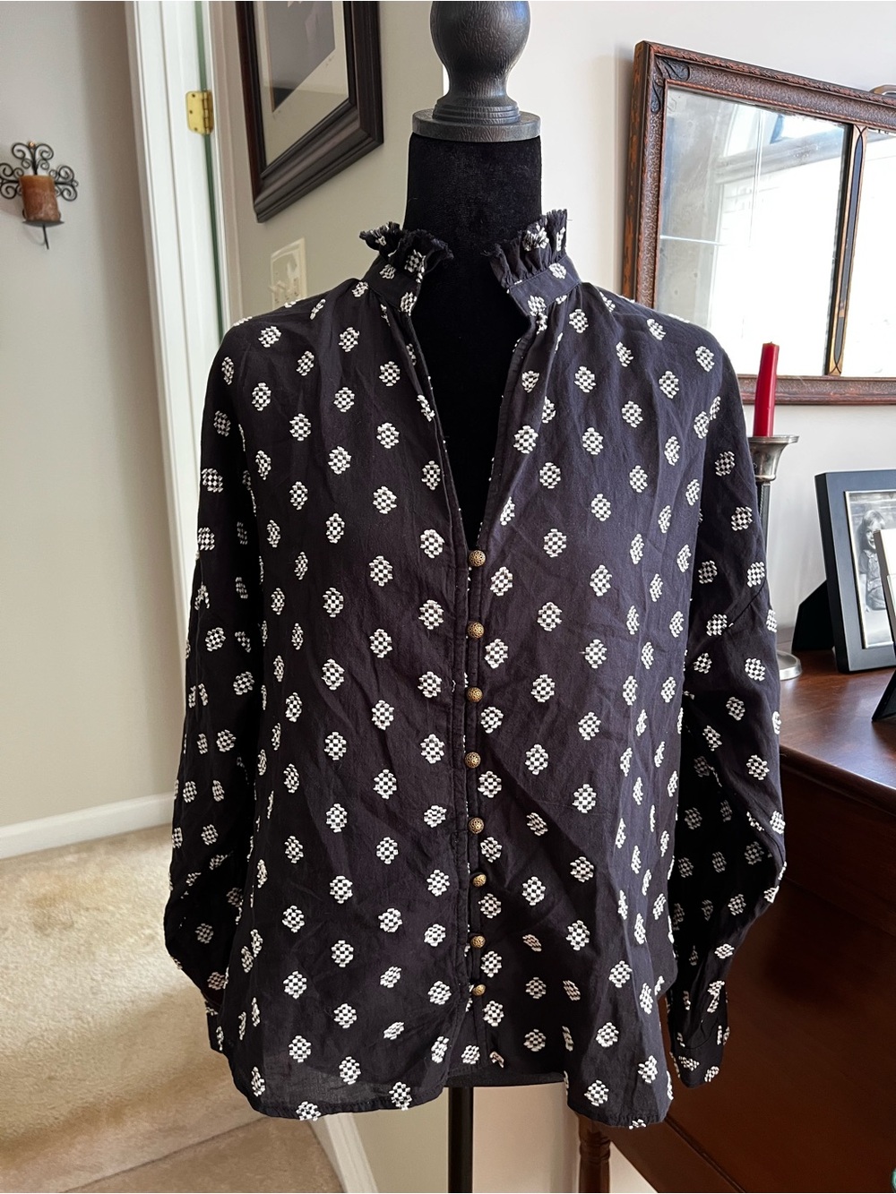Pilcro Anthropologie Black White Geometric Ruffle Blouse Size S